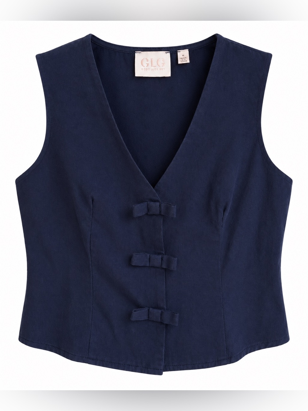GLG Good Luck Gem Navy Blue Bow Front Vest Top 100% Cotton M NWOT